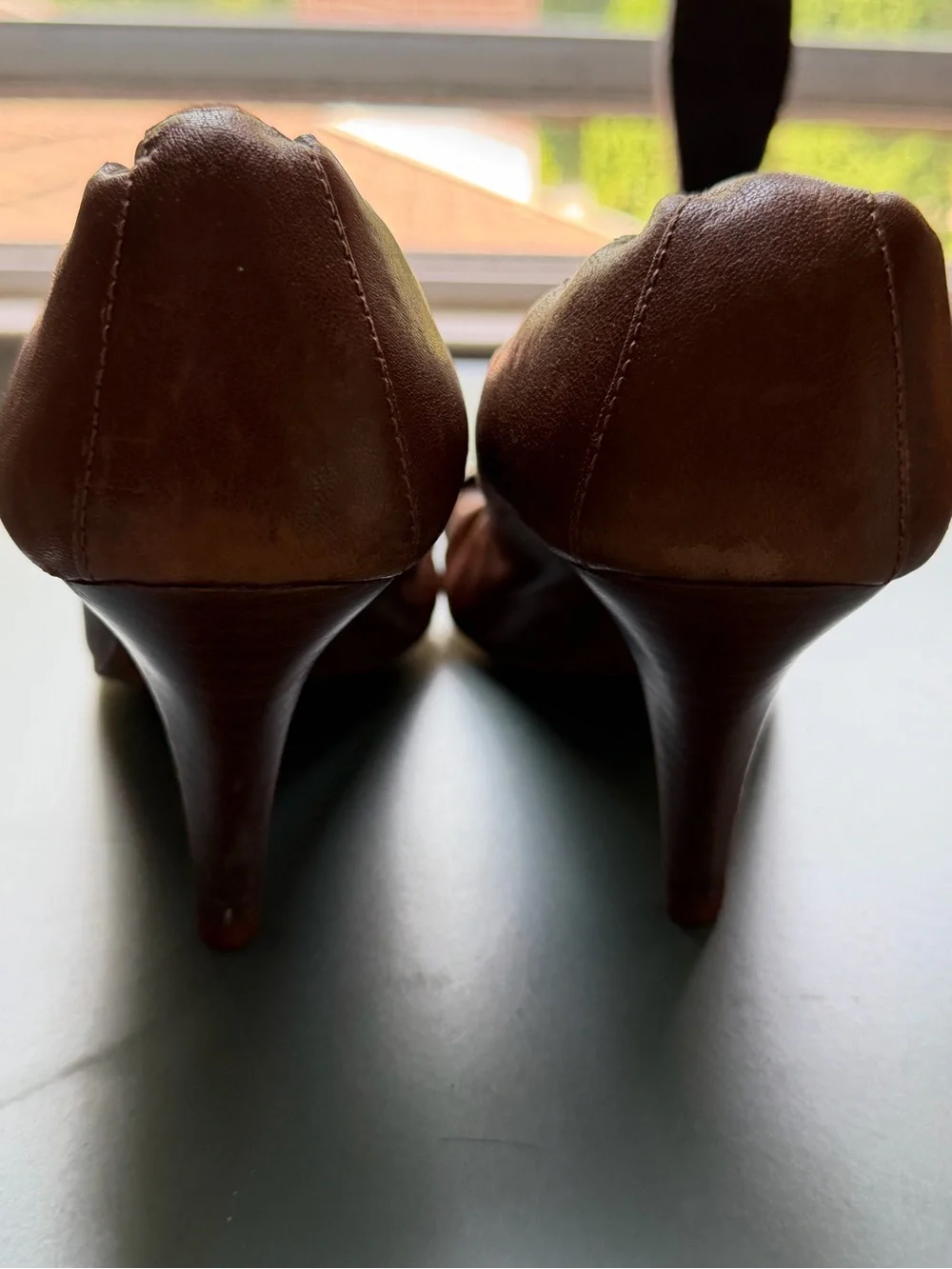 Tory Burch Brown Leather Heels with Black Patent Cap Toe
